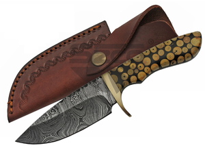 Fixed Blade Knife 9in. Overall Damascus Carbon Steel Black Knotted Wood Dm-1210