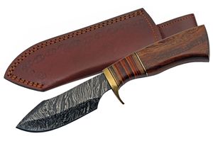 Hunting Knife 4.5in. Damascus Blade Stacked Leather/Wood Handle Skinner + Sheath