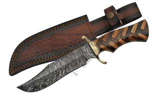 Damascus Steel Fixed Blade Knife 12in. Overall Bowie Braided Wood Design Dm-1221