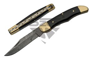 Damascus Steel Manual Folding Knife | Genuine Black Horn Filework EDC Dm-1223Hn