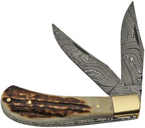 Folding Knife | Damascus Steel Blade Classic Trapper Stag Antler Handle