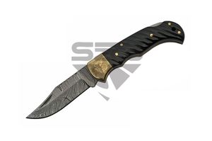 Damascus Steel Manual Folding Knife | Genuine Black Buffalo Horn Jigged Dm-1225