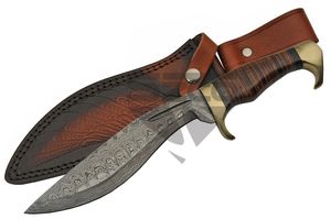 Damascus Steel Kukri Hunting Knife Pakkawood & Stacked Leather Handle Dm-1232