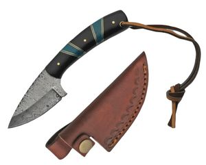 Hunting Knife | Damascus Steel Blade Turquoise/Black Handle + Leather Sheath