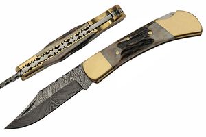 Folding Knife 3in. Damascus Steel Blade Stag/Brass Handle Lockback