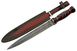 Dagger Knife 12.25in. Blade Damascus Steel Double Edge Red/Black Wood Handle