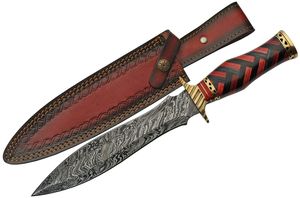 Dagger | Damascus Steel Spearhead Blade Black/Red Braided Wood Handle + Sheath