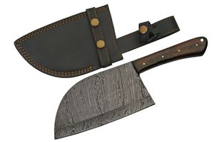 Cleaver Butcher Knife 6.5in. Blade Damascus Steel Full Tang Wood Handle + Sheath