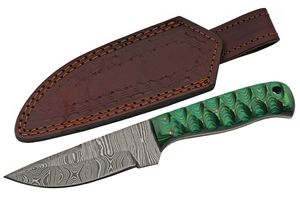 Hunting Knife | 4in. Damascus Steel Blade Green Wood Handle + Leather Sheath