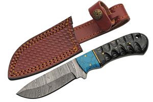 Hunting Knife Damascus Steel Drop Point Blade Wood Stone Handle + Leather Sheath