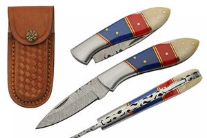 Folding Knife Rite Edge Damascus Steel 3In Blade Pocket Lockback + Sheath