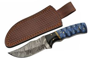 Hunting Knife 4in. Damascus Steel Blade Black/Blue Wood Handle + Leather Sheath