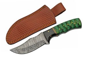 Hunting Knife Damascus Steel Blade Green Wood Handle Full Tang + Leather Sheath