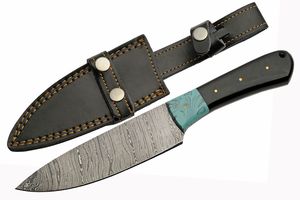 Chef Knife | Damascus Steel Drop Point Blade Horn Stone Handle + Leather Sheath