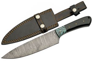 Chef Knife 12.5In Damascus Steel Blade Black Horn/Turquoise + Leather Sheath