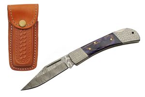 Folding Knife | 3.5in Damascus Steel Blade Blue Wood Handle Lockback + Sheath