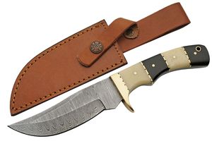 Hunting Knife Damascus Steel Clip Point Blade Bone Brass Horn Handle + Sheath
