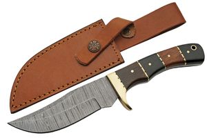 Hunting Knife Damascus Steel Clip Point Blade Horn Wood Handle + Leather Sheath