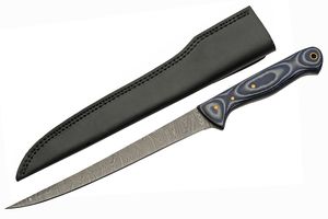 Fillet Knife Damascus Steel Fillet Blade Micarta Handle + Leather Sheath