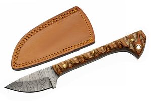Hunting Knife Rite Edge Damascus Steel Short 2.6in Blade Brown Wood Full Tang