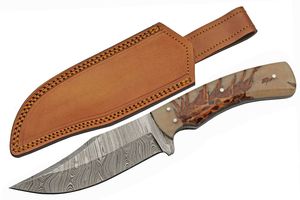 Hunting Knife Damascus Steel Blade Brown Pine Cone Handle Full Tang + Sheath