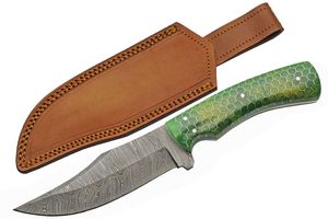 Hunting Knife Damascus Steel Blade Green Handle Full Tang + Leather Sheath