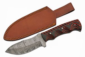 Hunting Knife | Damascus Steel Blade Wood Red Black Handle Full Tang + Sheath