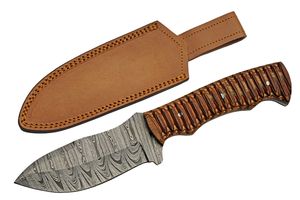 Hunting Knife Damascus Steel Blade Wood Handle Full Tang Skinner + Sheath 1331
