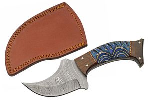 Hunting Knife Damascus Steel Blade Full Tang Brown Blue Wood Handle + Sheath