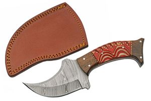Hunting Knife Damascus Steel Blade Full Tang Brown Red Wood Handle + Sheath