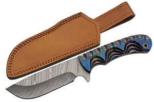 Hunting Knife Damascus Steel Blade Full Tang Blue Wood Handle + Leather Sheath