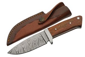 Hunting Knife 4in. Damascus Steel Blade Brown Wood Handle Skinner Leather Sheath