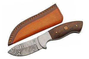 Hunting Knife | 3in Damascus Steel Blade Skinner Wood Full Tang + Leather Sheath