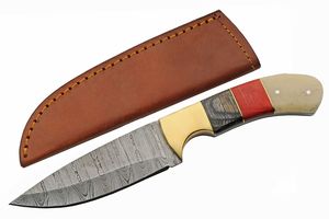 Hunting Knife | Damascus Steel Blade Bone Brass Black Red Wood Handle Skinner