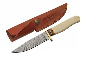 Hunting Knife | Damascus Steel Blade Bone/Brass Handle Skinner + Leather Sheath