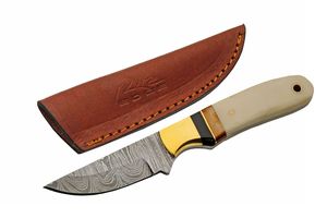 Hunting Knife Damascus Steel Blade Brass/Bone Handle Skinner + Leather Sheath