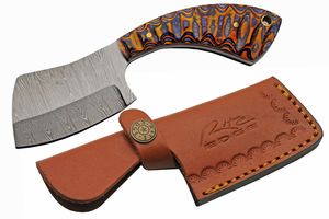 Hunting Knife Damascus Steel Cleaver Multicolor Wood Handle + Leather Sheath