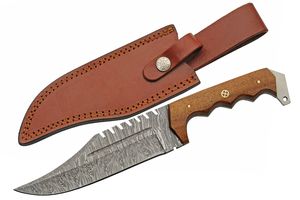Hunting Knife 6.75In Damascus Steel Blade Stitch Back Full Tang Skinner + Sheath