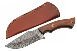 Hunting Knife 4.5in Damascus Steel Blade Skinner Wood Full Tang + Leather Sheath