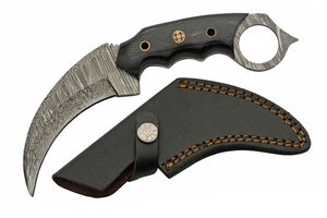 Karambit Knife 3.7in. Damascus Steel Blade Black Wood Handle Leather Sheath