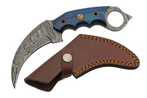 Karambit Knife 3.7in. Damascus Steel Blade Blue Wood Handle Leather Sheath