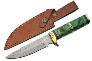 Hunting Knife | Damascus Steel Blade Brass Green Bone Handle + Leather Sheath