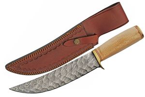 Hunting Knife 7.75in. Damascus Steel Upswept Blade Wood Handle Skinner + Sheath