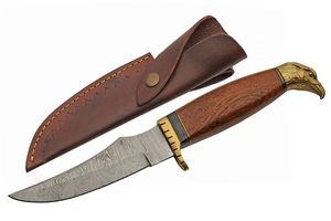 Hunting Knife 5.5In Damascus Steel Blade Wood Handle Brass Eagle Pommel + Sheath
