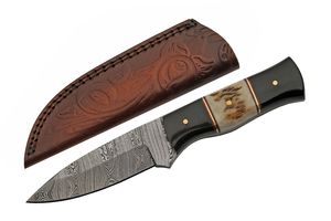 Hunting Knife 3.5In Damascus Steel Blade Horn/Stag Handle + Leather Sheath