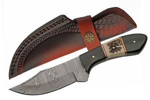 Hunting Knife 4in. Damascus Steel Blade Horn/Stag Handle + Leather Sheath
