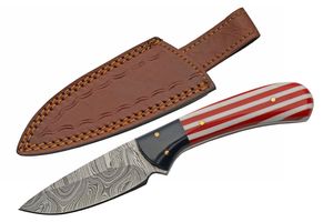 Hunting Knife Damascus Steel Blade USA Flag Handle Full Tang + Leather Sheath