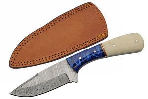 Fixed-Blade Hunting Knife Damascus Steel 3.75in Blade Bone Blue Full Tang Sheath