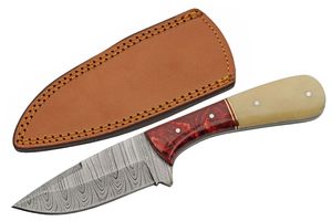 Fixed-Blade Hunting Knife Damascus Steel 3.75in Blade Bone/Red Full Tang Sheath