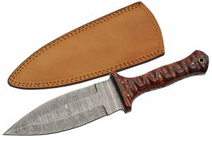 Dagger Damascus Steel 6in Spear Blade Double Edge Full Tang Red Leather Sheath